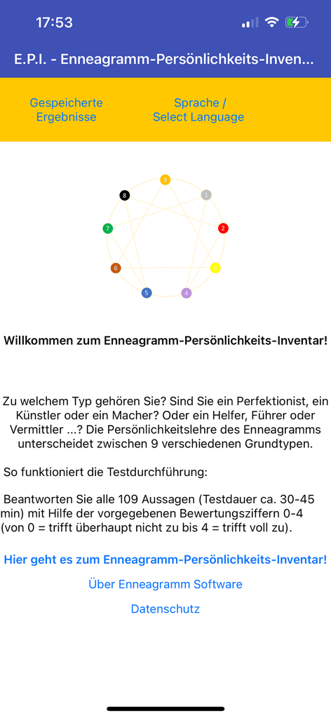 エニアグラム診断パーソナリティアプリのウェルカムスクリーン。9つのタイプの図とテストの指示が表示されています。