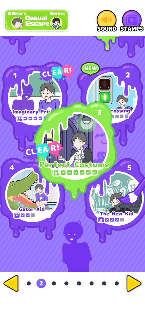 サイコボーイ脱出ゲームのレベル選択画面。様々な風変わりなパズルステージが特徴。