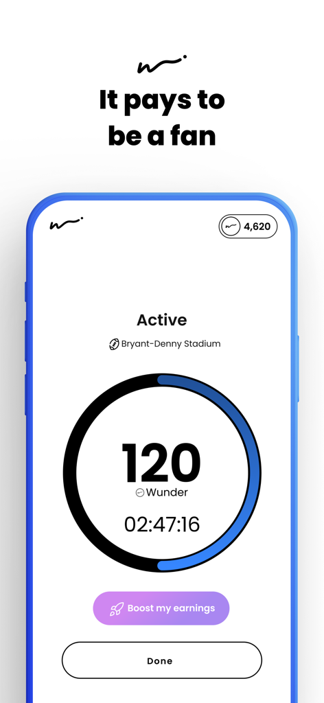 Wunderfan - Wunderfan App-Bildschirm, der Punkte zeigt, die für den Besuch eines Spiels im Bryant-Denny Stadium verdient wurden