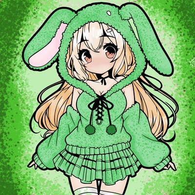 pretty anime girl wearing a fluffy hoodie with bunny ears on the hood and a skirt