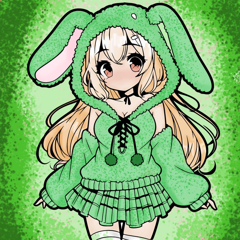 pretty anime girl wearing a fluffy hoodie with bunny ears on the hood and a skirt