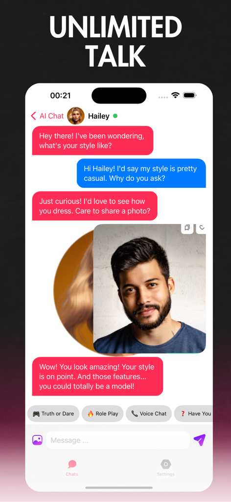 Chat interface of the AI Chat Girlfriend app showing a conversation and photo sharing with a virtual character named Hailey