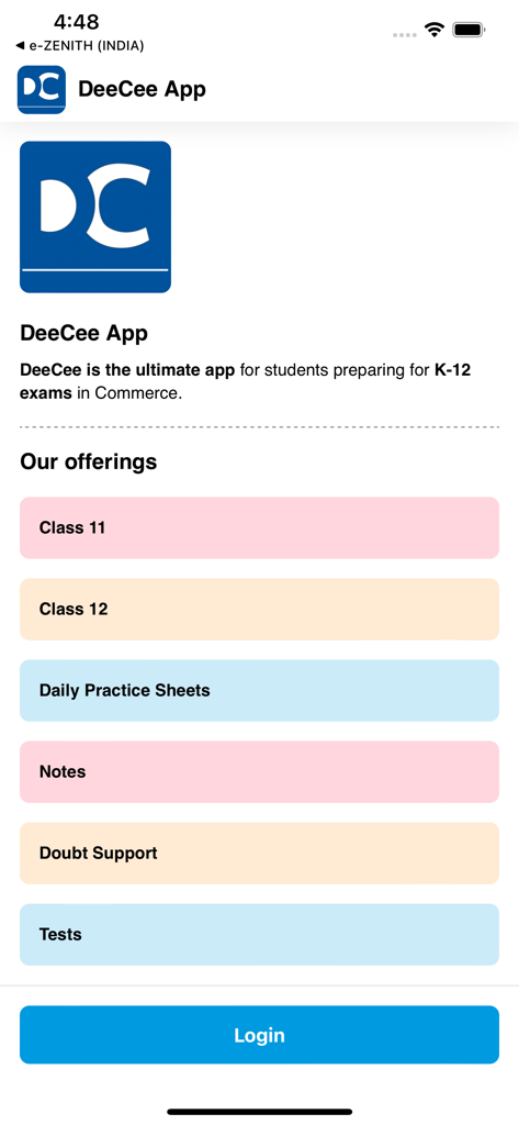 Deeceeline - DeeCee App home screen showing study materials for Class 11 and 12 Commerce students