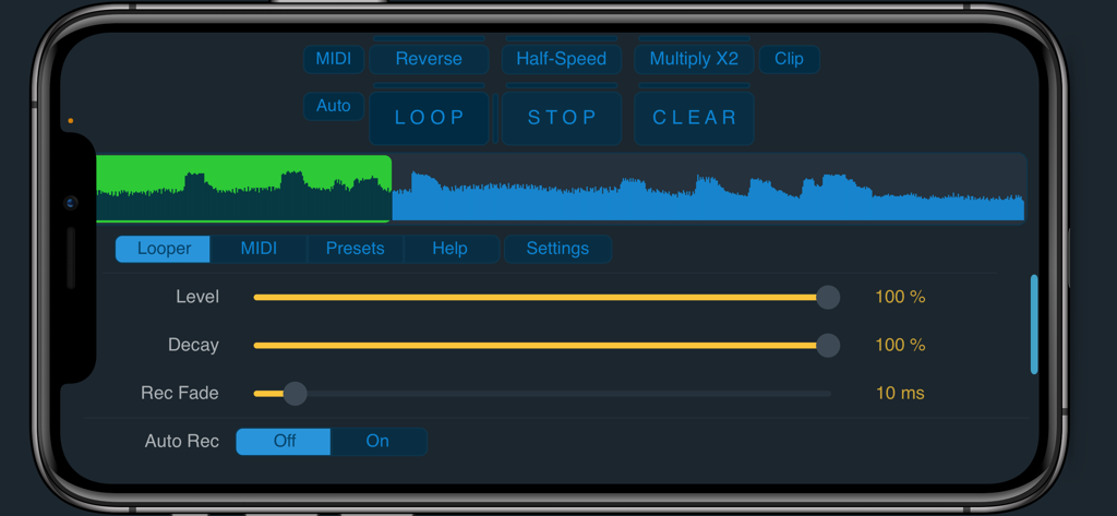 SimpLoop - SimpLoop mobile app interface showing audio waveform and looper controls