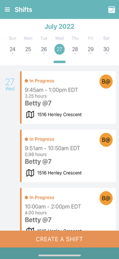 WellSky Personal Care mobile app interface showing current caregiver shifts schedule