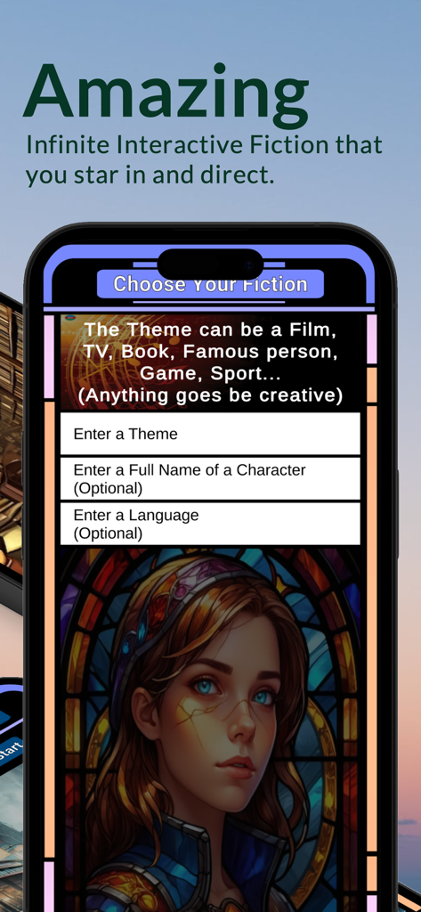 Schermata dello smartphone che mostra l'interfaccia dell'app IF Interactive Fiction dove gli utenti possono inserire un tema di storia e un nome di personaggio.