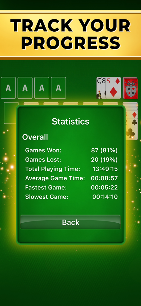 Pantalla de estadísticas en Solitaire Classic que muestra partidas ganadas, perdidas y estadísticas de tiempo de juego