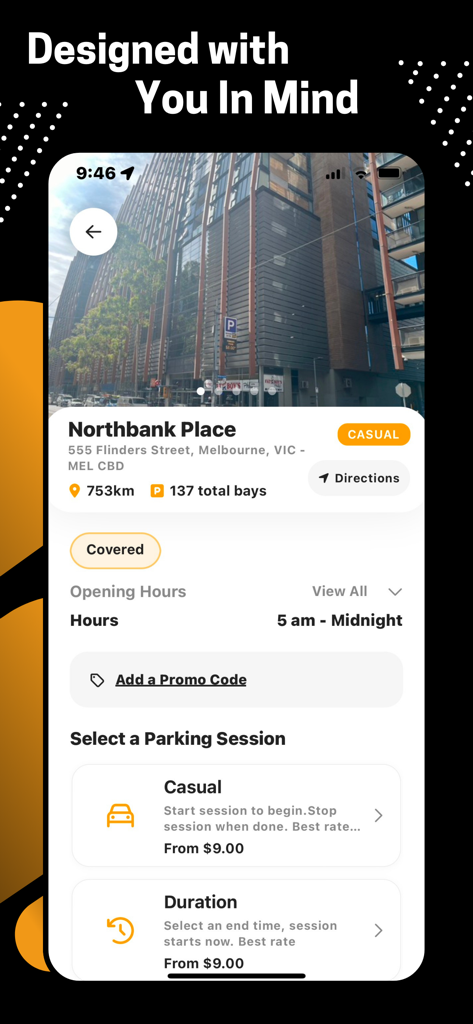 Care Park AU - Care Park AU mobile app screen displaying parking details for Northbank Place in Melbourne with session options