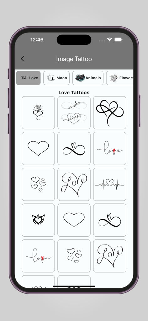 Tattoo Designs - Tattoo Maker - Uma tela de aplicativo móvel exibindo uma galeria de designs de tatuagem minimalistas com tema de amor, incluindo corações e símbolos de infinito.
