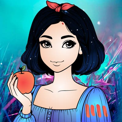 a woman with medium short hair, wearing a headband with a small bow, carrying an apple in her hand, realistic