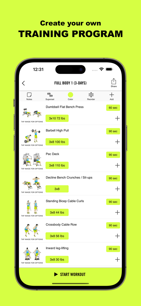 Pantalla de smartphone de la aplicación Gym Life que muestra un programa de entrenamiento personalizado de cuerpo completo con varios ejercicios y temporizadores de descanso.