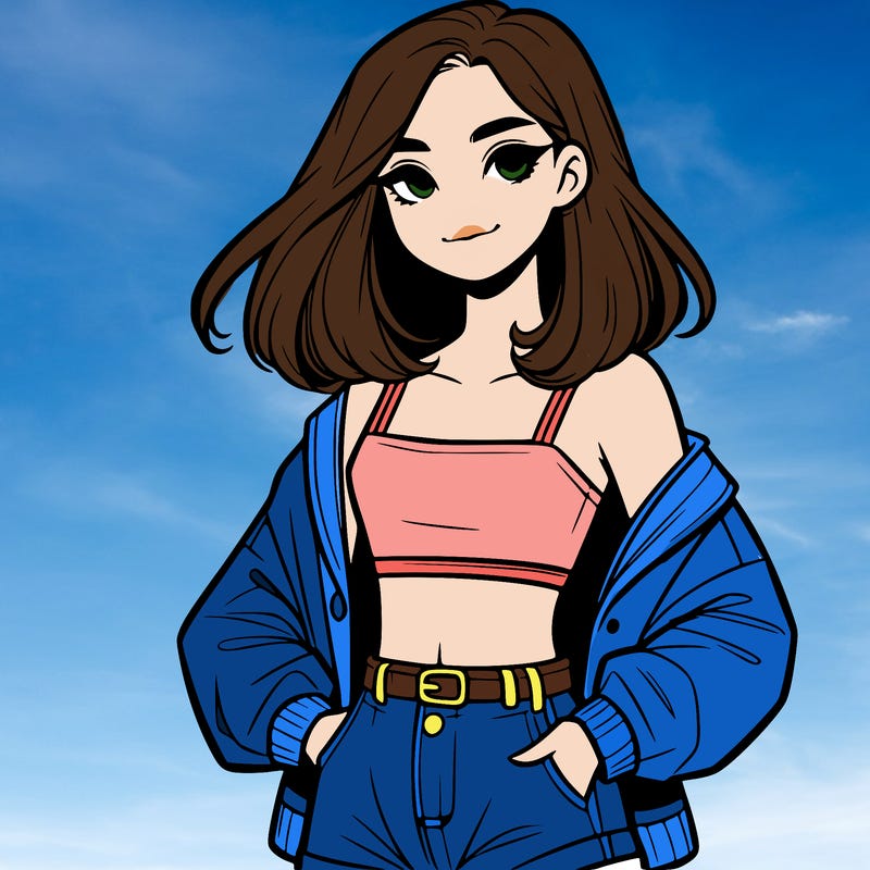 a realistic girl with a crop top and short shorts in an open jacket