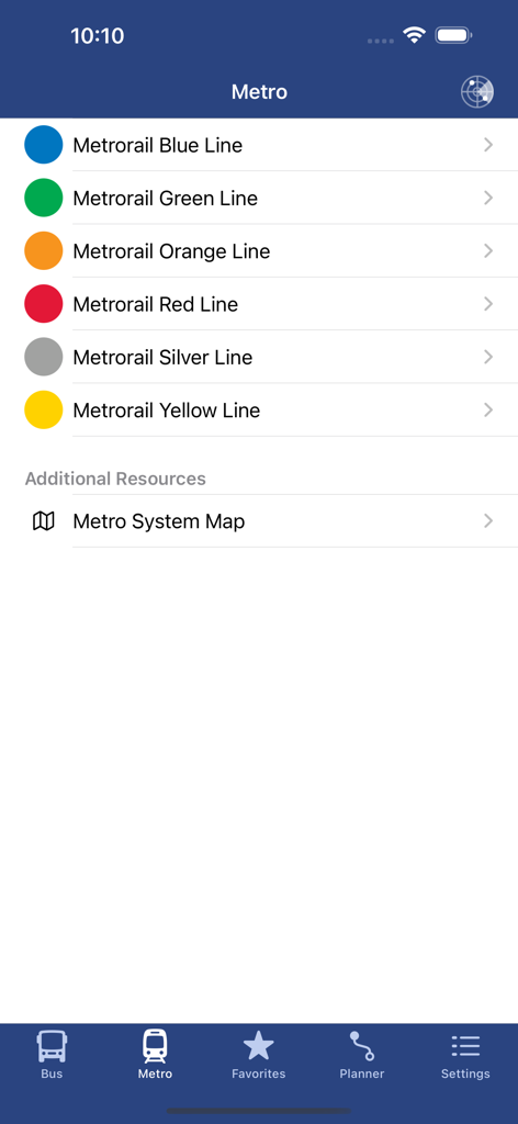 DC Metro and Bus - Schermata dell'app DC Metro e Bus che mostra un elenco di linee Metrorail e la mappa del sistema.