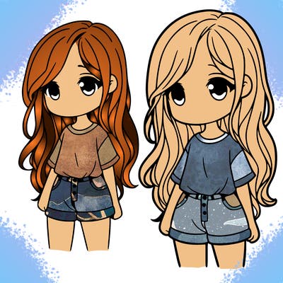 a girl with long hair and a short shirt and pants