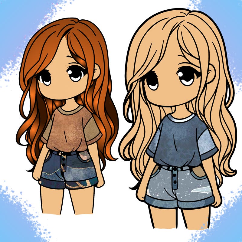 a girl with long hair and a short shirt and pants