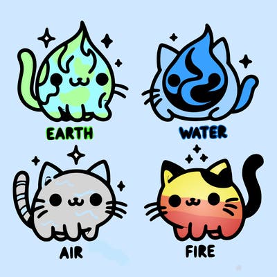 4 cats that represent the different elements, earth, water, air, and fire