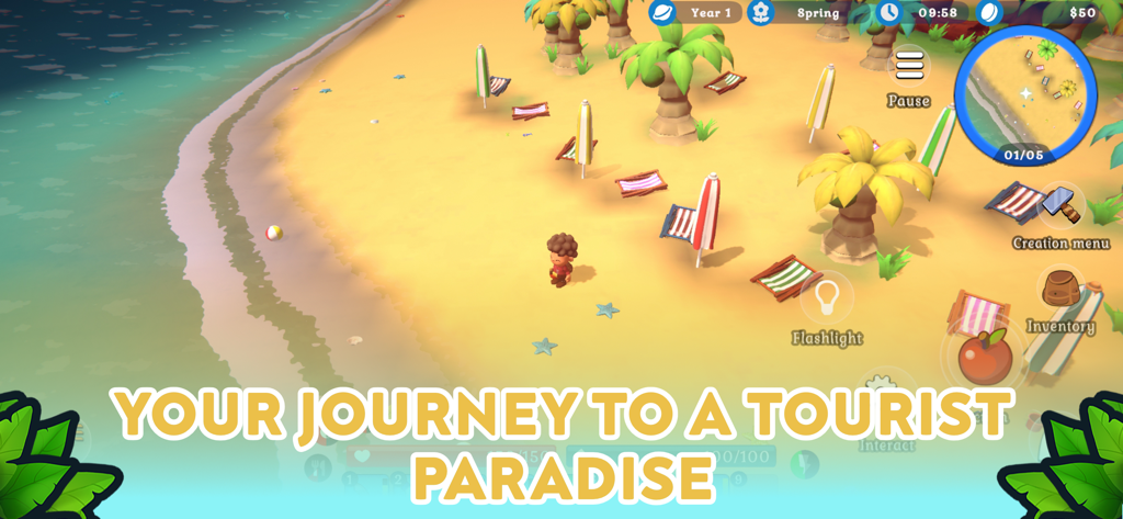 Spirit of the Island - Un personaje explorando una playa tropical soleada con palmeras y tumbonas en el juego Spirit of the Island
