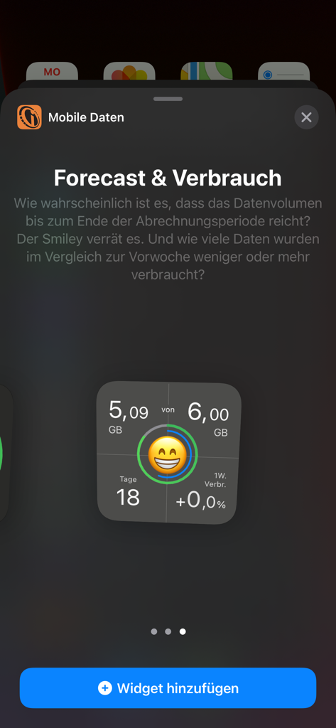 Mobile data usage widget showing remaining GB and a smiley indicator for data forecast