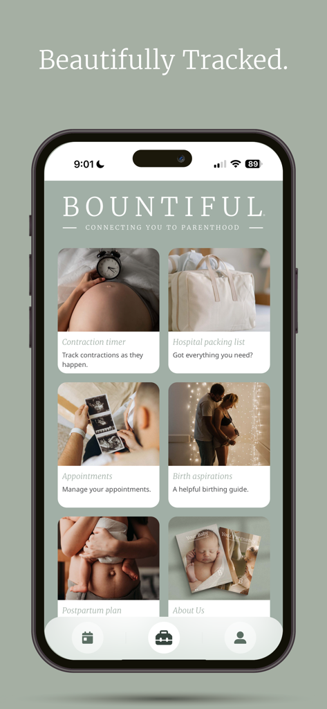 Bountiful Parenthood App - Écran de l'application Bountiful Parenthood montrant un tableau de bord avec des outils pour la grossesse et l'accouchement, y compris un minuteur de contractions et une liste de préparation pour l'hôpital.