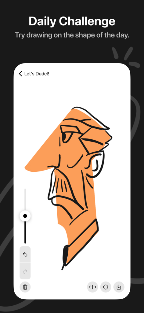Dudel Draw - A drawing of a man with a mustache created over an abstract orange shape in the Dudel Draw app daily challenge screen