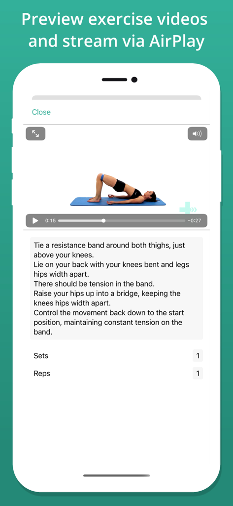 Physitrack - Aplicación móvil Physitrack que muestra una vista previa de vídeo de un ejercicio de fisioterapia con instrucciones escritas y opciones de transmisión