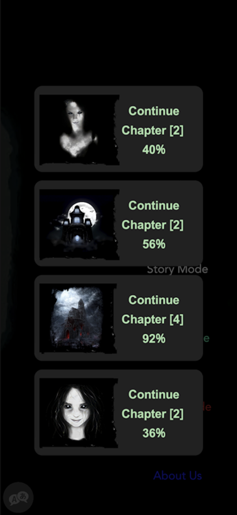 Mariam Game - Mariam Game menu screen showing chapter progress with eerie ghost and mansion illustrations.