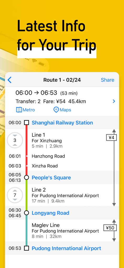MetroMan China - MetroMan China app interface showing a detailed subway route in Shanghai with travel times and fares