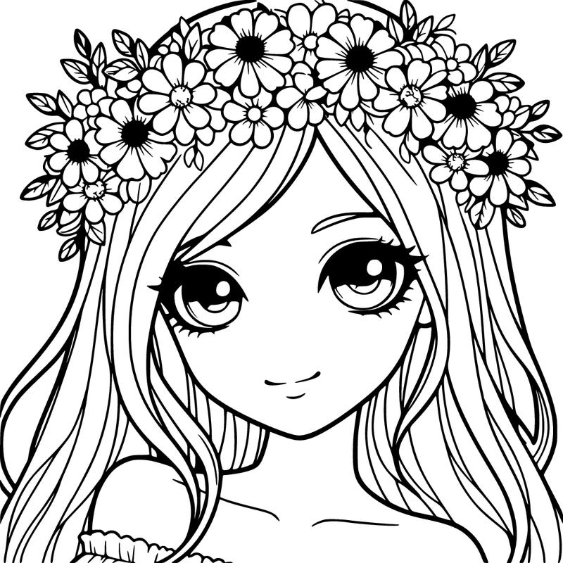 semi realistic pretty girl with flower crown