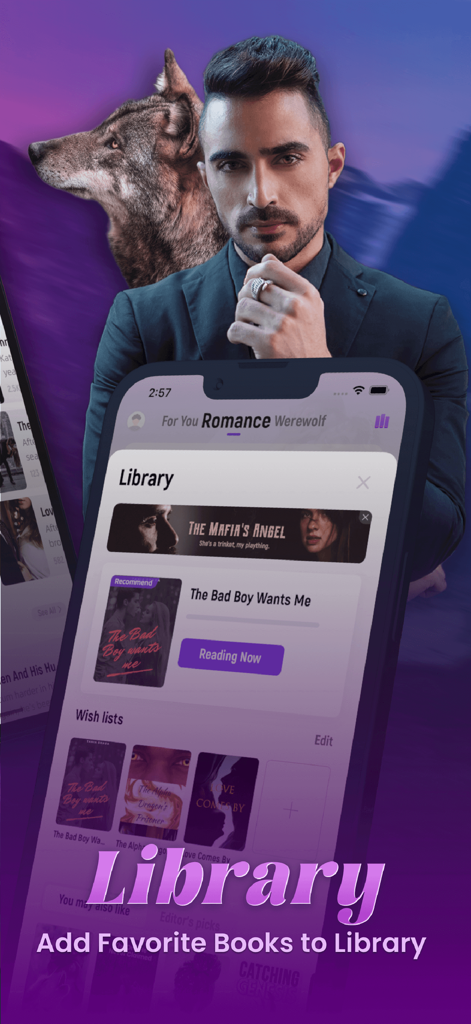 Read4Fun-Romance Stories - Aplicación móvil Read4Fun mostrando una biblioteca digital con varias historias de romance y hombres lobo