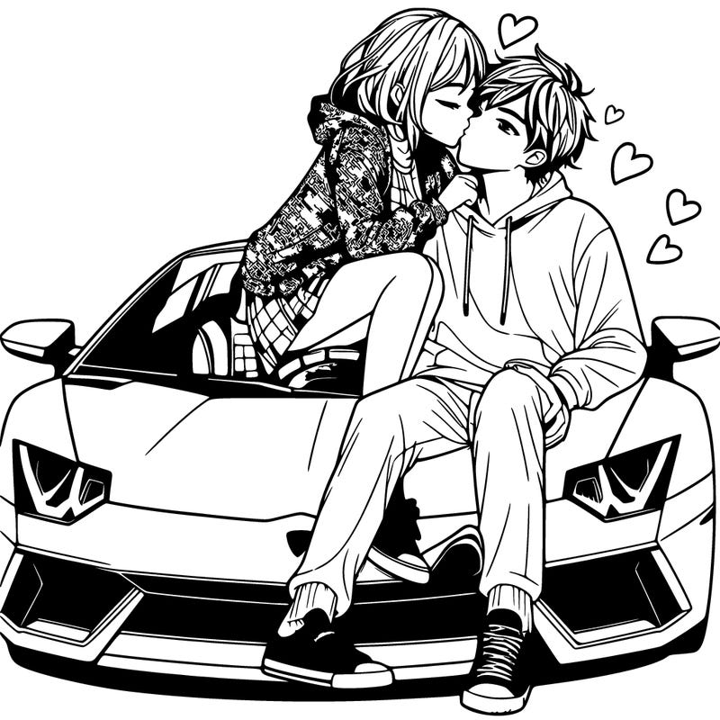 a girl kissing a man sitting on a lambo