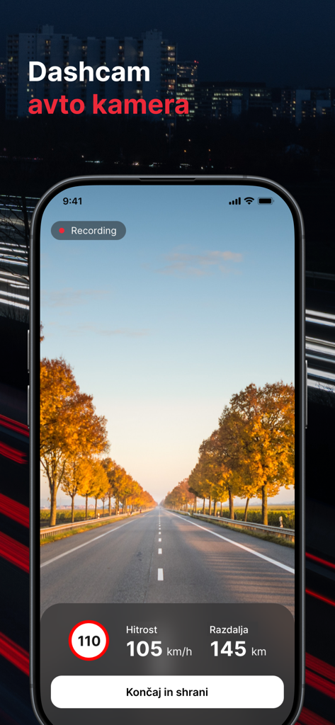 Smartphone-Bildschirm mit der Dashcam-Funktion der DRAJV-App, die eine Straße mit Geschwindigkeits- und Entfernungsmetriken aufzeichnet.