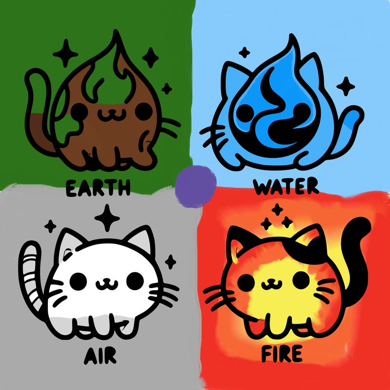 4 cats that represent the different elements, earth, water, air, and fire