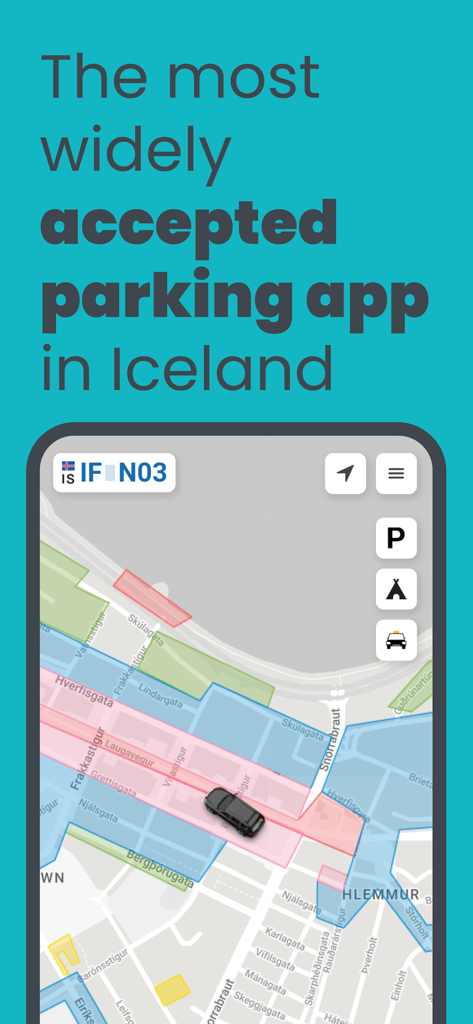 Parka app map interface showing parking zones and vehicle location in Reykjavik Iceland