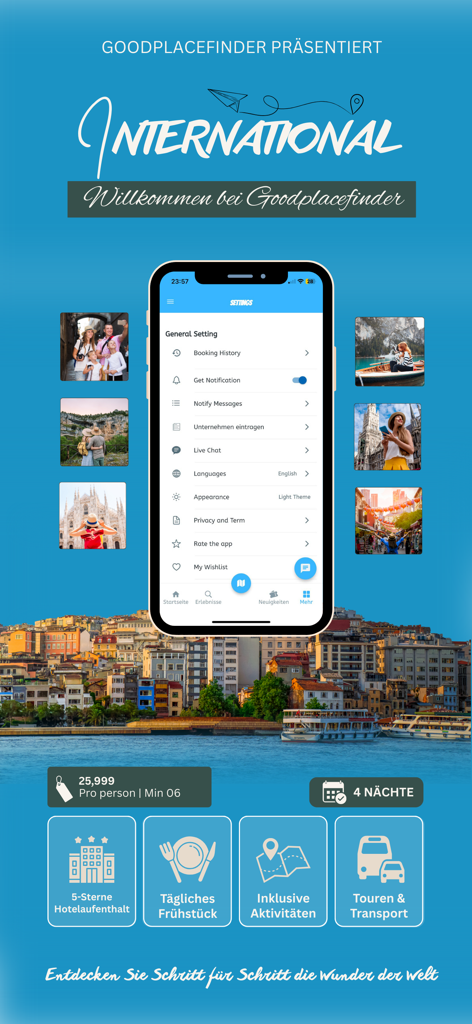 Good Place Finder - Mobile app interface of Good Place Finder showing travel settings and hotel booking features