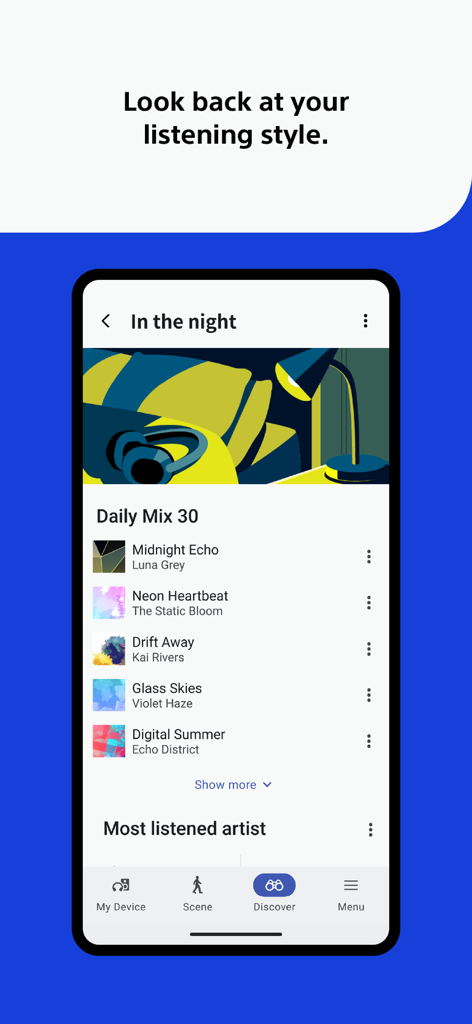 Sony Sound Connect app showing music listening history and personalized playlists.