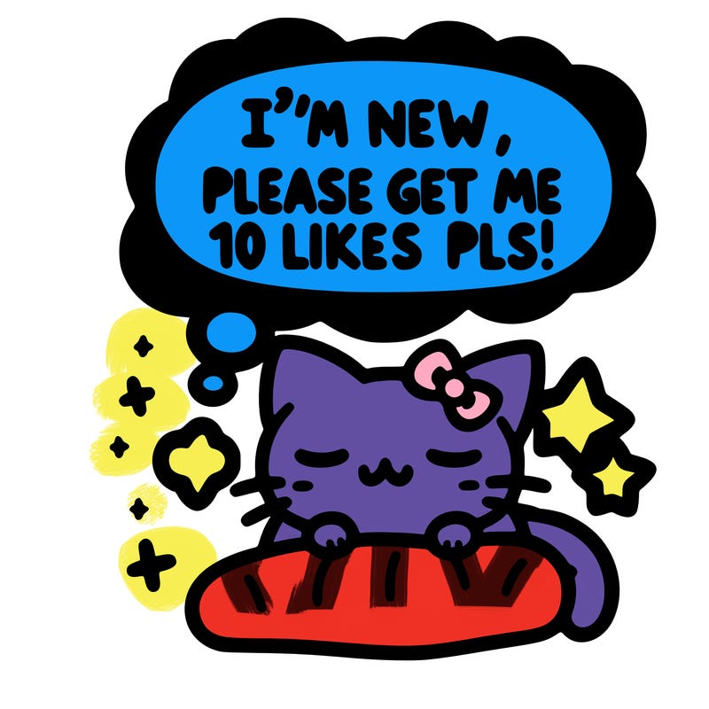 kitty taking a nap dream talking and saying "i'm new, please get me at least 10 likes pls!!"
