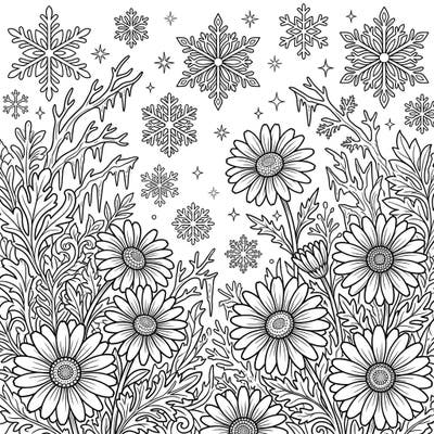 Dive into a magical scene where vibrant daisies defy the chill, blooming gracefully amidst a beautiful winter wonderland. This intricate coloring page combines the warmth of flowers with the crisp beauty of falling snowflakes and frosty branches.