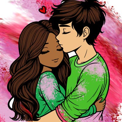 a realistic couple boy and girl hugging and kissing