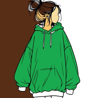 realistic girl with a oversized sweatshirt on and a bun