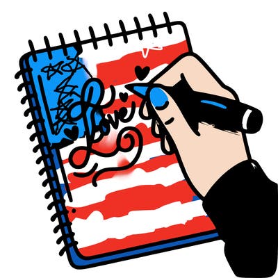 a hand writing “love” in calligraphy on a notebook