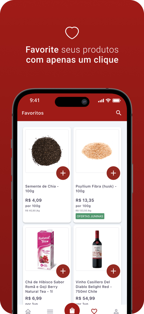 Casas Pedro - Schermata dell'app Casas Pedro che mostra i prodotti preferiti, inclusi semi di chia e tè all'ibisco