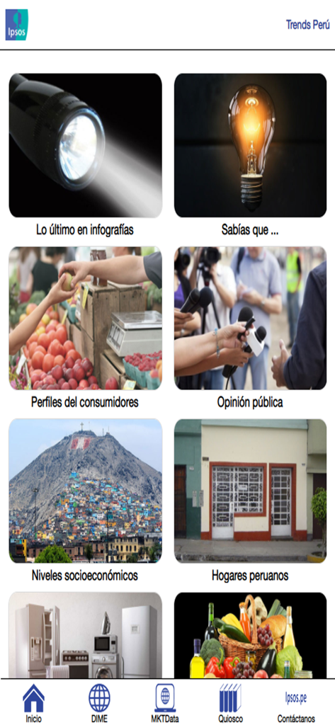 Menu principale dell'app Ipsos Trends Peru che mostra categorie di ricerche di mercato come profili dei consumatori, opinione pubblica e livelli socioeconomici