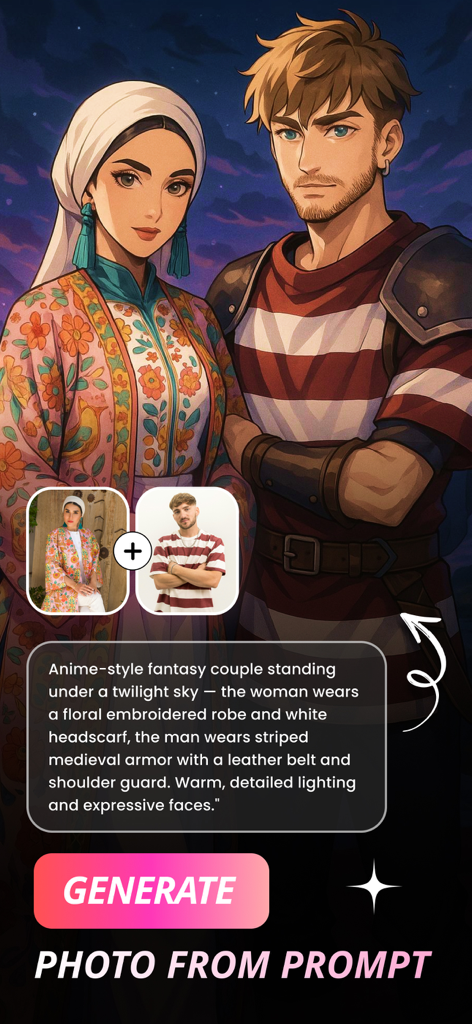 AI Couple Photo Generator - KI-generiertes Anime-Fantasy-Paar, erstellt aus Fotos und Text-Prompt