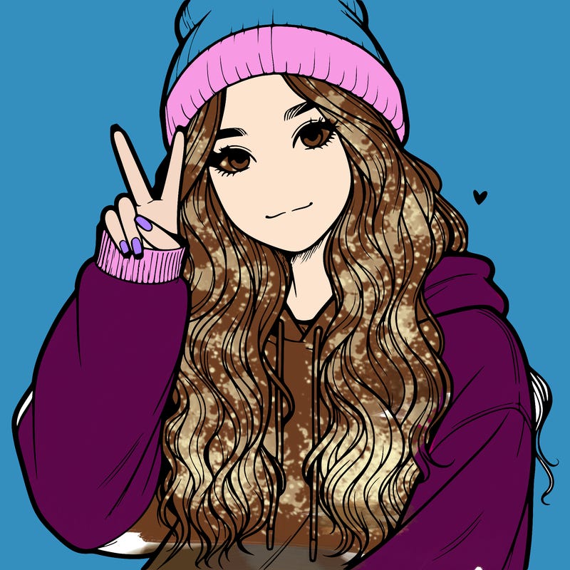a teenage girl in a beanie, oversized sweatshirt, wavy long hair, and is showing a ✌️
