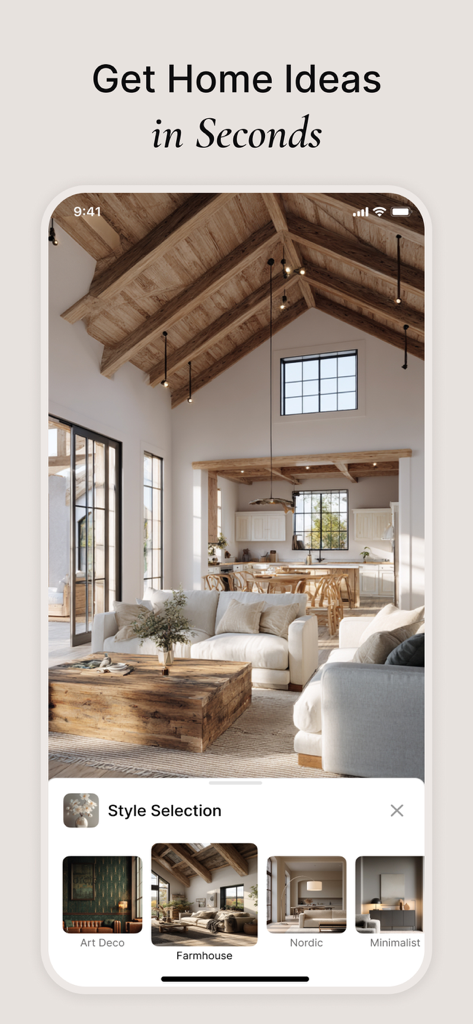 CozyAI - AI Home Design - CozyAI app interface showing interior design style selection for a farmhouse living room