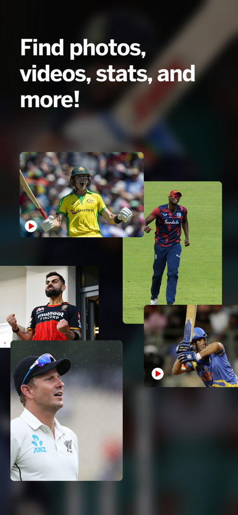ESPNcricinfo - Cricket Scores - L'application ESPNcricinfo affichant des photos de joueurs de cricket et des faits saillants vidéo