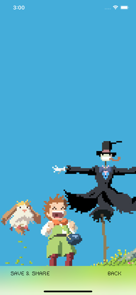 Wallpaper de pixel art 8-bit mostrando personagens retro de anime e um espantalho num fundo azul