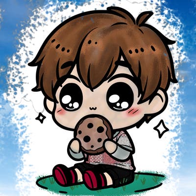 cute chibi boy eating a cookie sitting on the floor