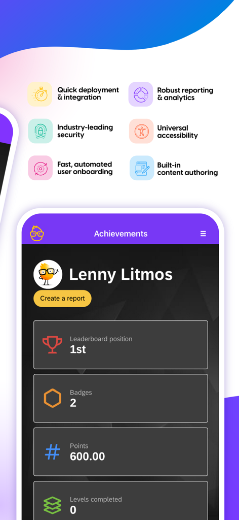 Litmos - Litmos mobile app interface showing user points badges and leaderboard position