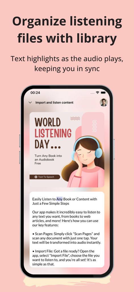 リスニングファイルを整理し、テキストハイライトを同期する方法を示すAI Readerアプリのインターフェイス